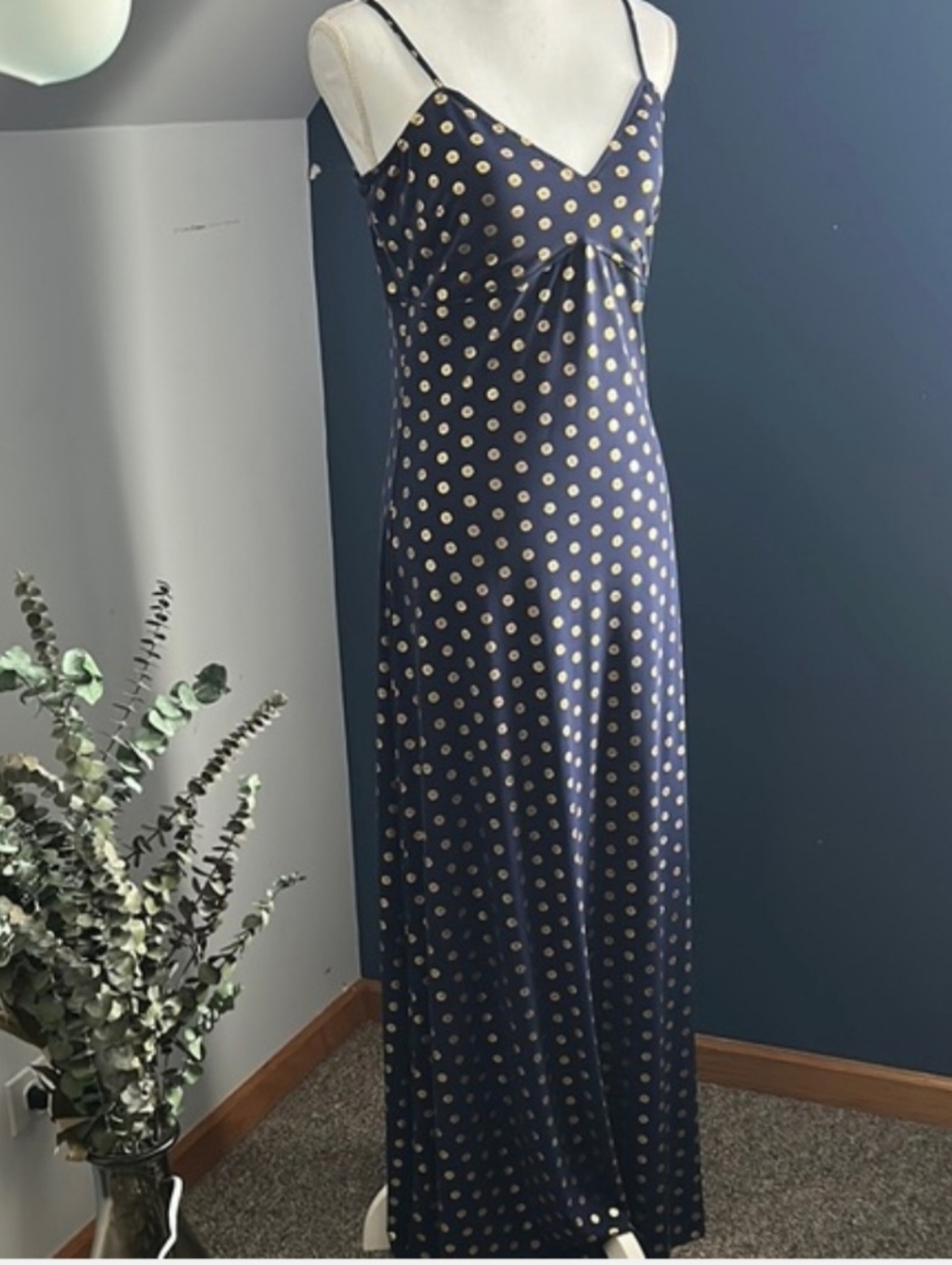 Michael Kors Navy & Gold Polka Dot Maxi | Flowy Chic Resort Glam XL